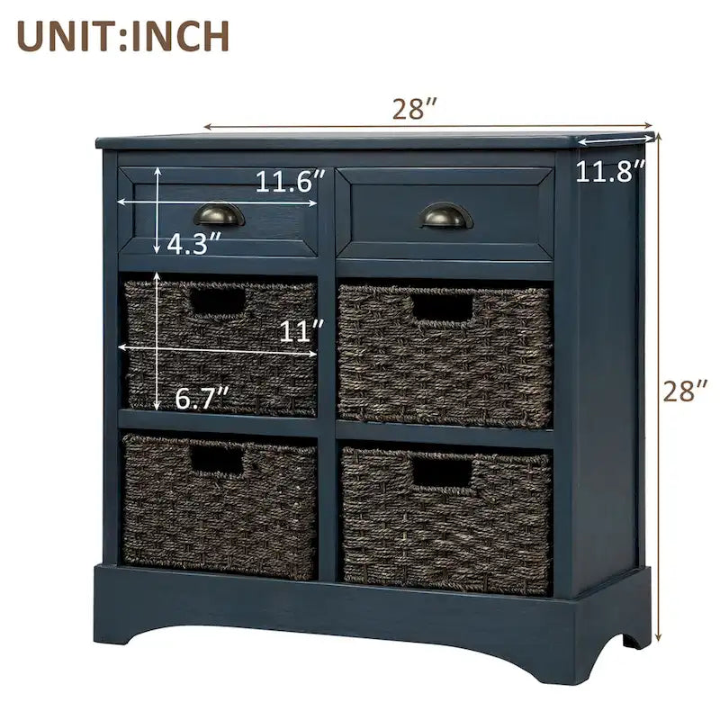 28 Wood 2 Drawers Storage Cabinet with 4 Rattan Basket