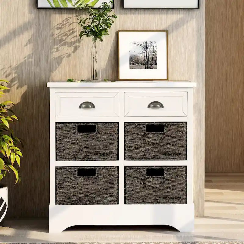 28 Wood 2 Drawers Storage Cabinet with 4 Rattan Basket