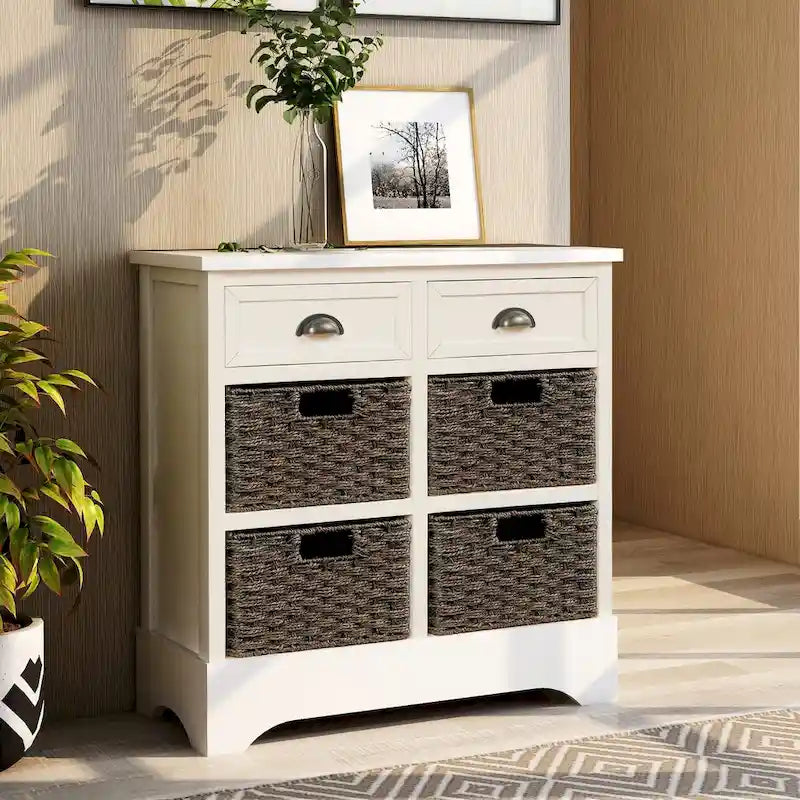 28 Wood 2 Drawers Storage Cabinet with 4 Rattan Basket