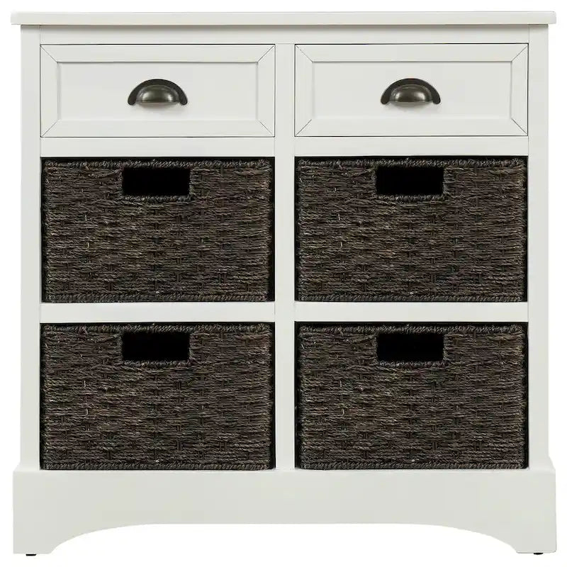 28 Wood 2 Drawers Storage Cabinet with 4 Rattan Basket
