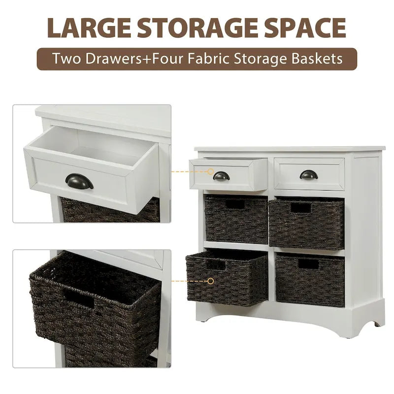 28 Wood 2 Drawers Storage Cabinet with 4 Rattan Basket