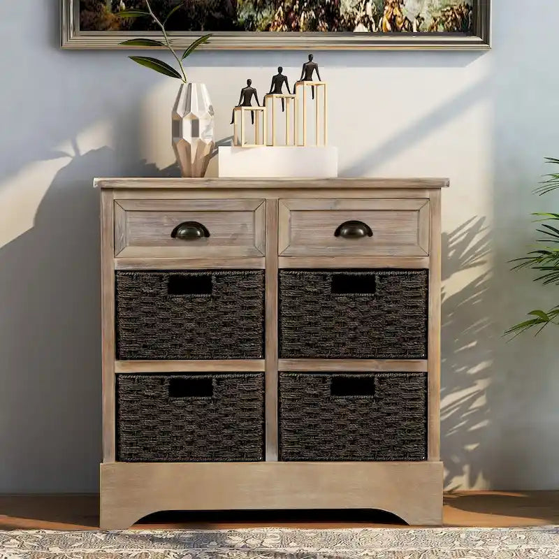 28 Wood 2 Drawers Storage Cabinet with 4 Rattan Basket