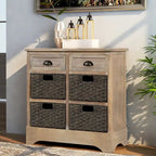 28 Wood 2 Drawers Storage Cabinet with 4 Rattan Basket