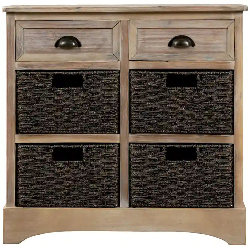 28 Wood 2 Drawers Storage Cabinet with 4 Rattan Basket
