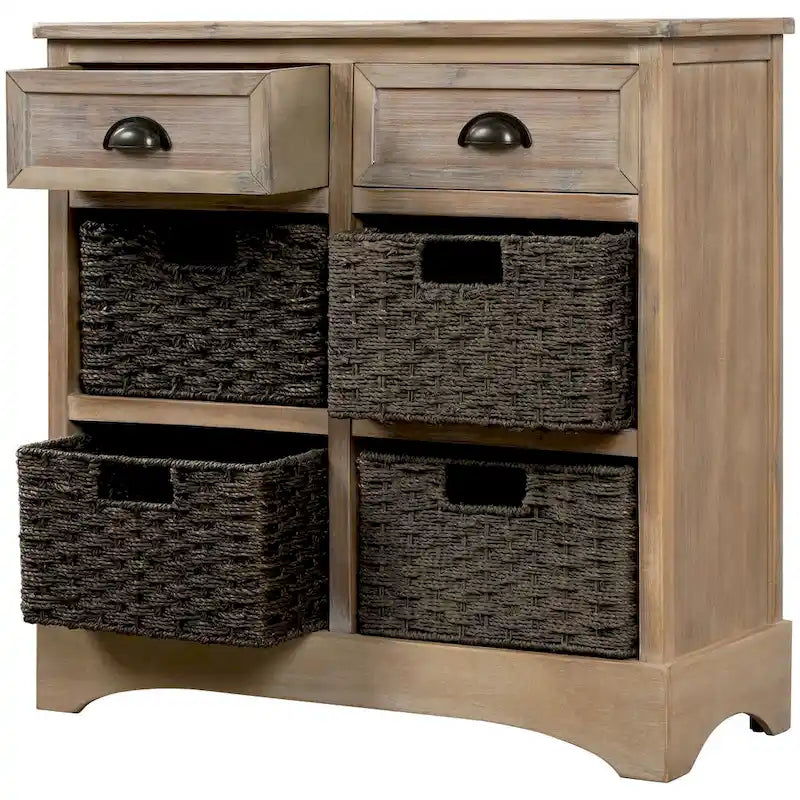 28 Wood 2 Drawers Storage Cabinet with 4 Rattan Basket