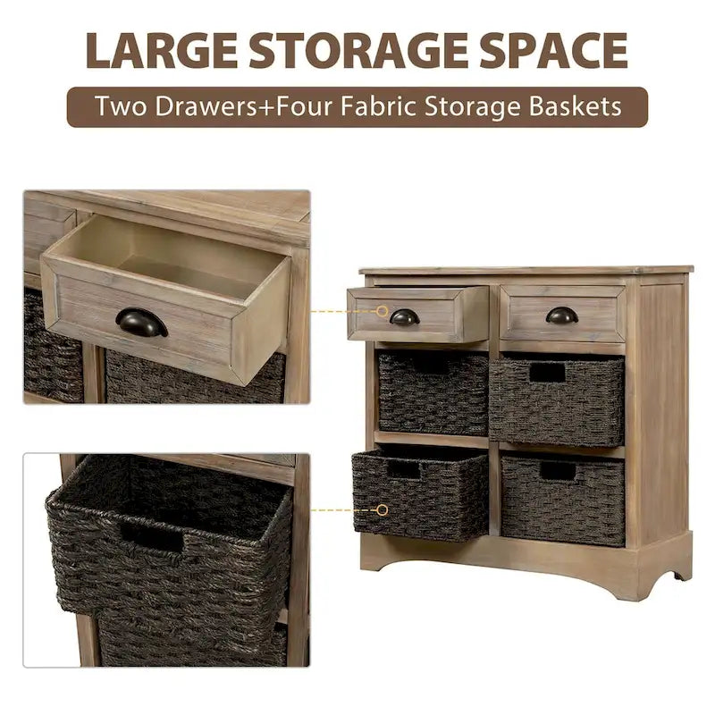 28 Wood 2 Drawers Storage Cabinet with 4 Rattan Basket