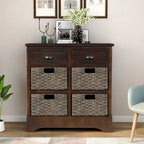 28 Wood 2 Drawers Storage Cabinet with 4 Rattan Basket