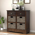28 Wood 2 Drawers Storage Cabinet with 4 Rattan Basket