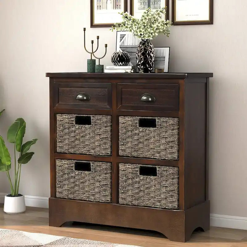 28 Wood 2 Drawers Storage Cabinet with 4 Rattan Basket