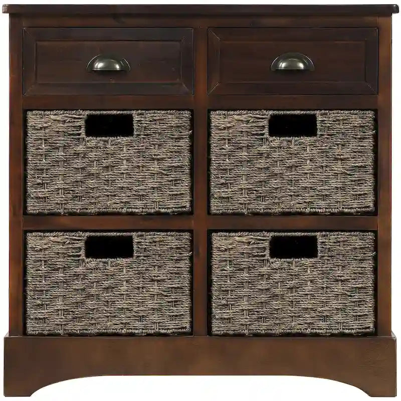 28 Wood 2 Drawers Storage Cabinet with 4 Rattan Basket