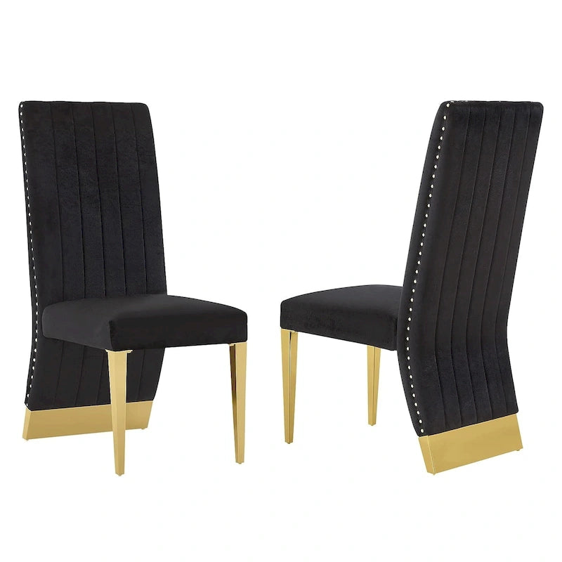 Modern Channel High Back Dining Chairs with Nailhead Trims and Polished Metal Legs