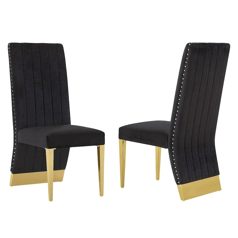 Modern Channel High Back Dining Chairs with Nailhead Trims and Polished Metal Legs