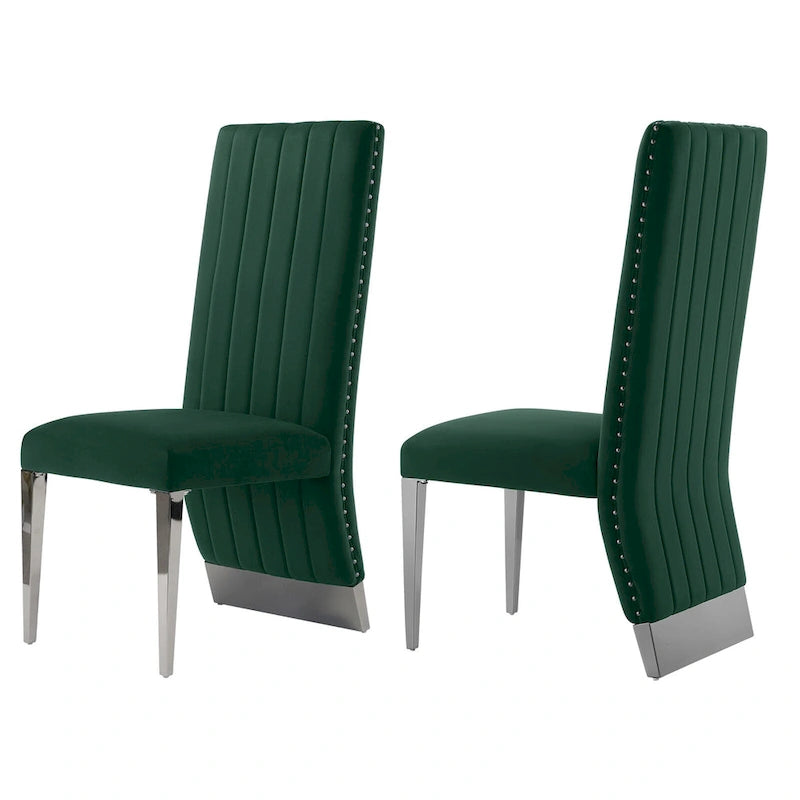 Modern Channel High Back Dining Chairs with Nailhead Trims and Polished Metal Legs