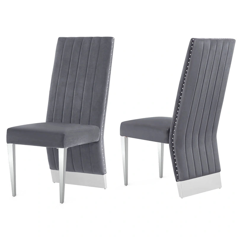Modern Channel High Back Dining Chairs with Nailhead Trims and Polished Metal Legs