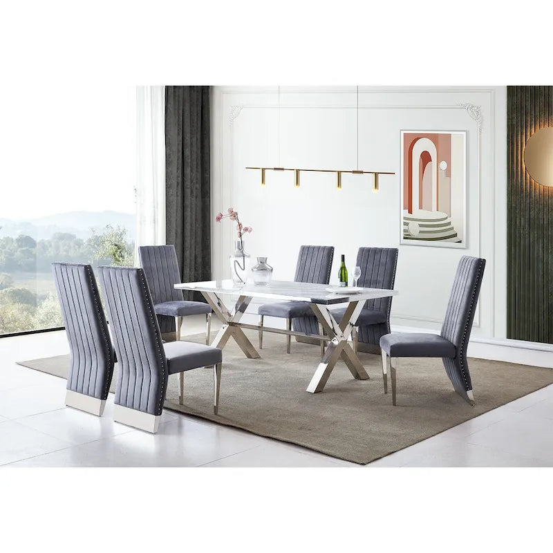 Modern Channel High Back Dining Chairs with Nailhead Trims and Polished Metal Legs