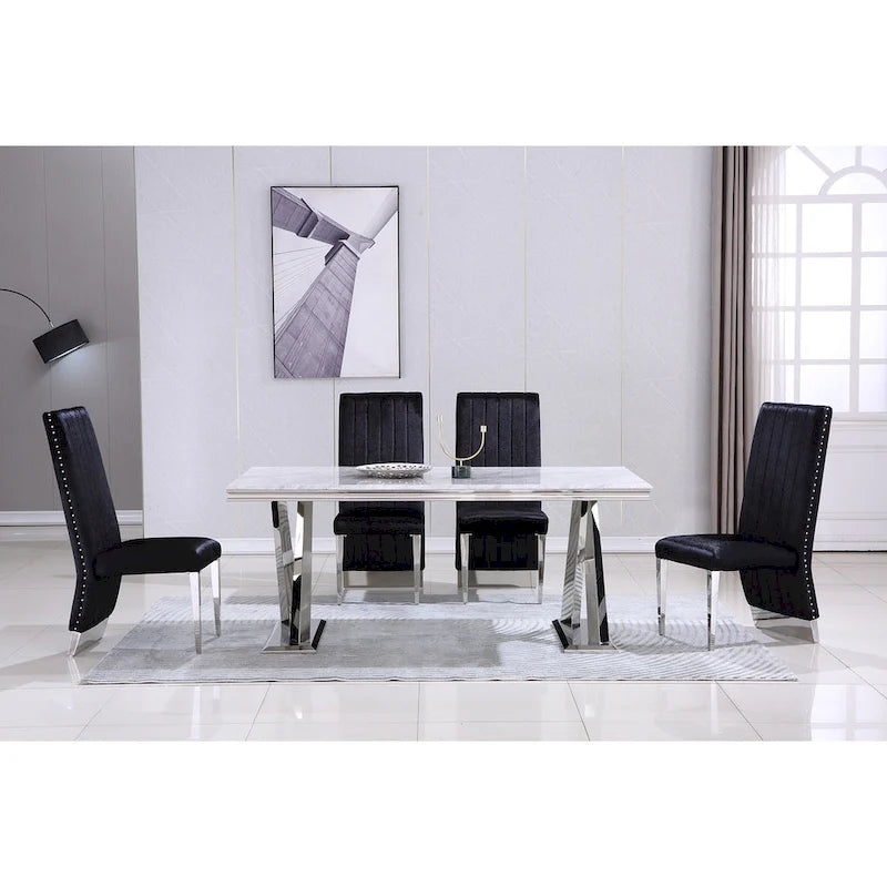 Modern Channel High Back Dining Chairs with Nailhead Trims and Polished Metal Legs