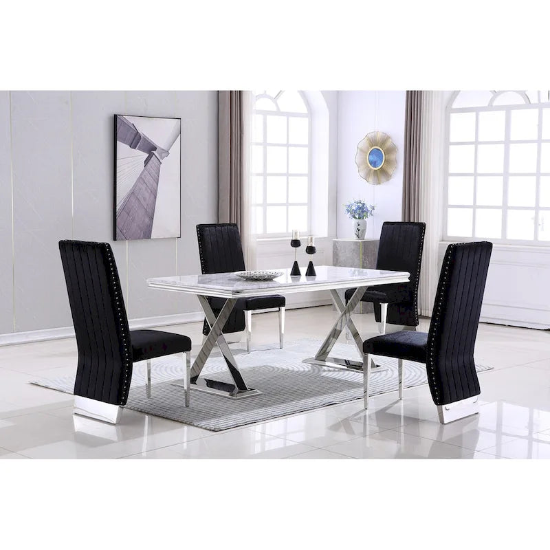 Modern Channel High Back Dining Chairs with Nailhead Trims and Polished Metal Legs