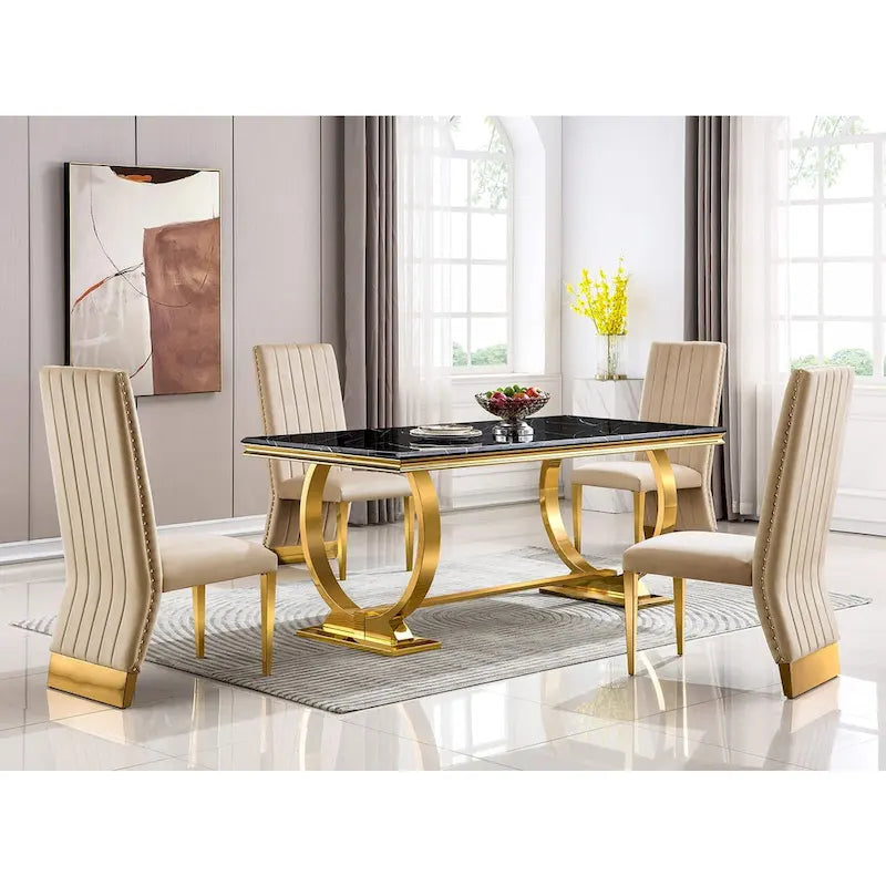 Modern Channel High Back Dining Chairs with Nailhead Trims and Polished Metal Legs