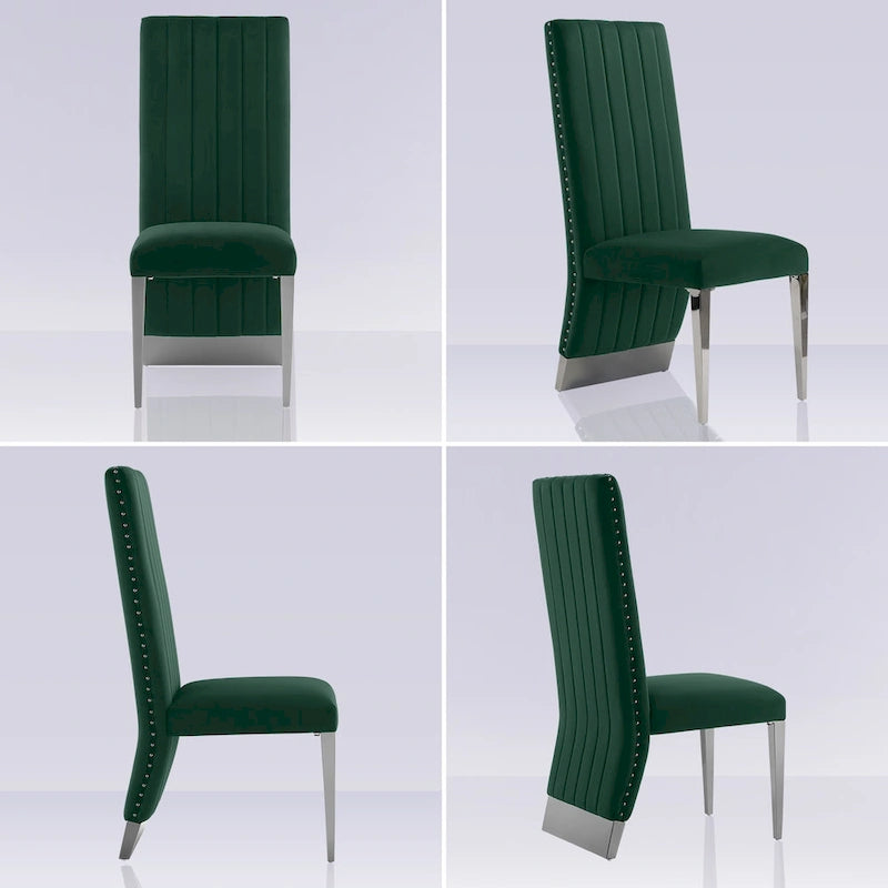 Modern Channel High Back Dining Chairs with Nailhead Trims and Polished Metal Legs
