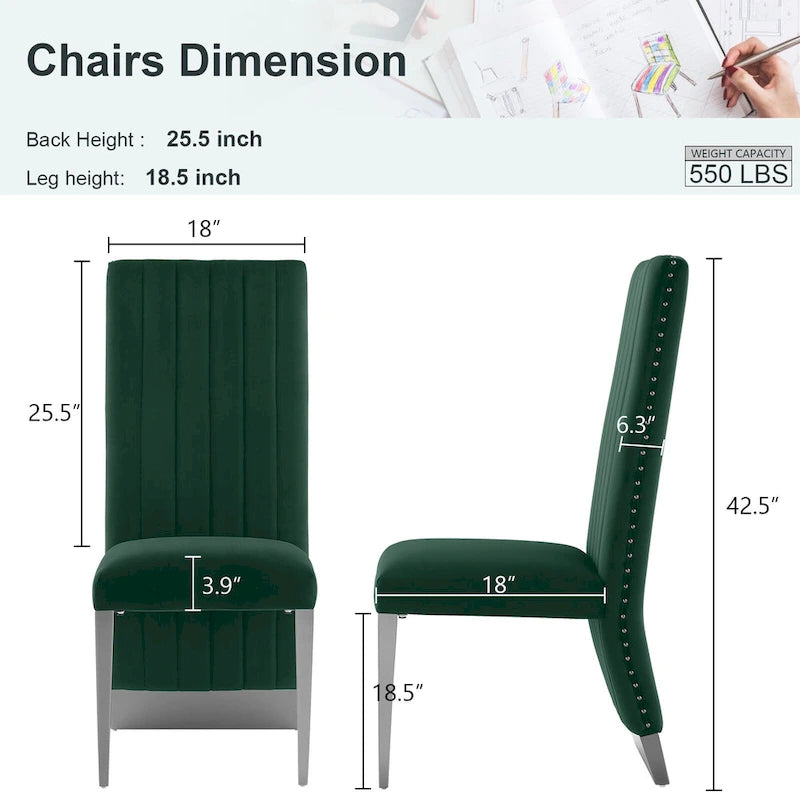 Modern Channel High Back Dining Chairs with Nailhead Trims and Polished Metal Legs
