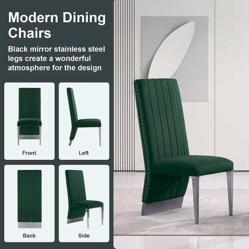 Modern Channel High Back Dining Chairs with Nailhead Trims and Polished Metal Legs