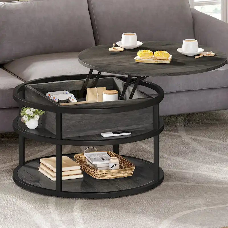 Moasis Round Lift Top Coffee Table with Hidden Storage and Shelf