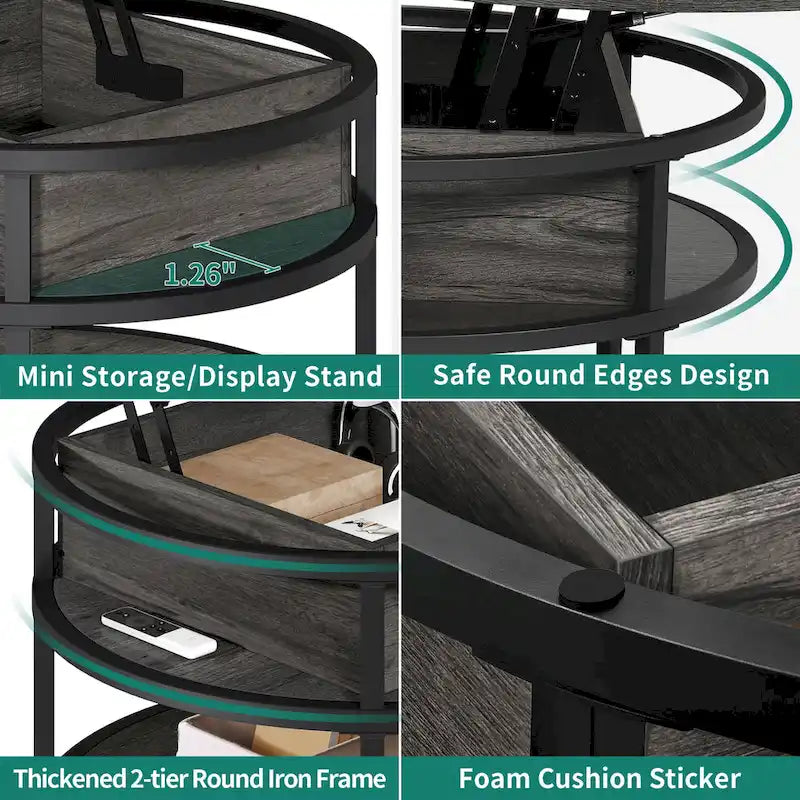 Moasis Round Lift Top Coffee Table with Hidden Storage and Shelf