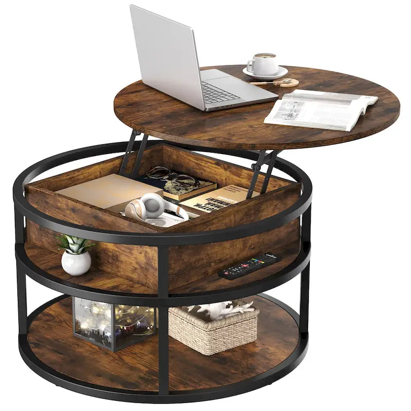Moasis Round Lift Top Coffee Table with Hidden Storage and Shelf