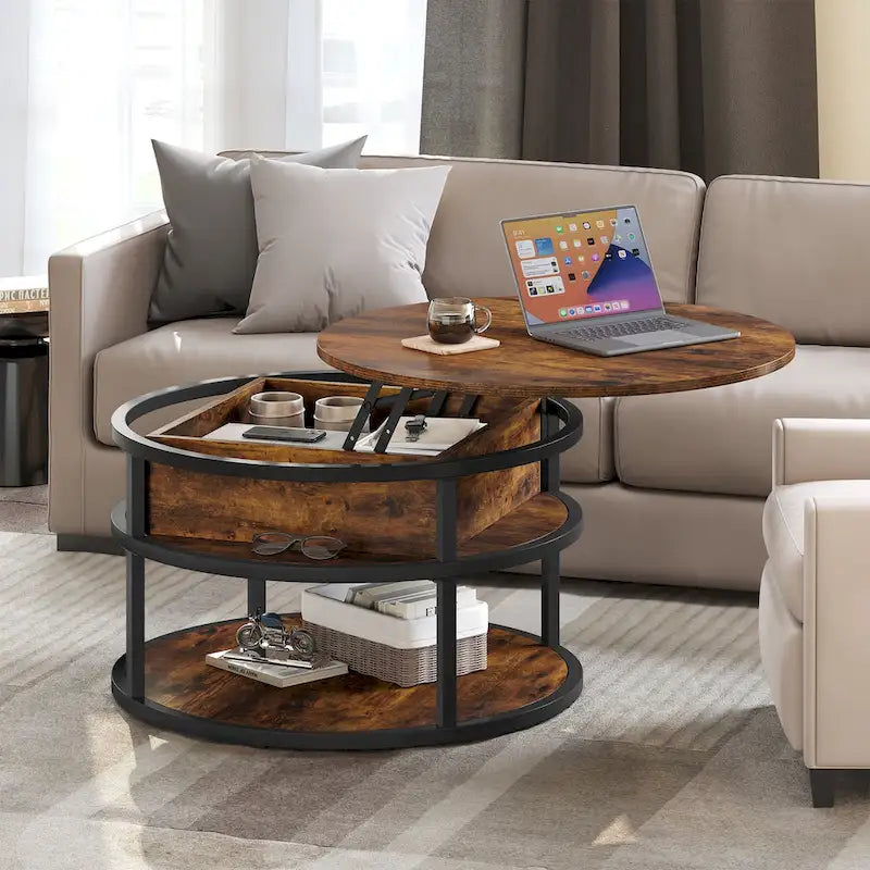 Moasis Round Lift Top Coffee Table with Hidden Storage and Shelf