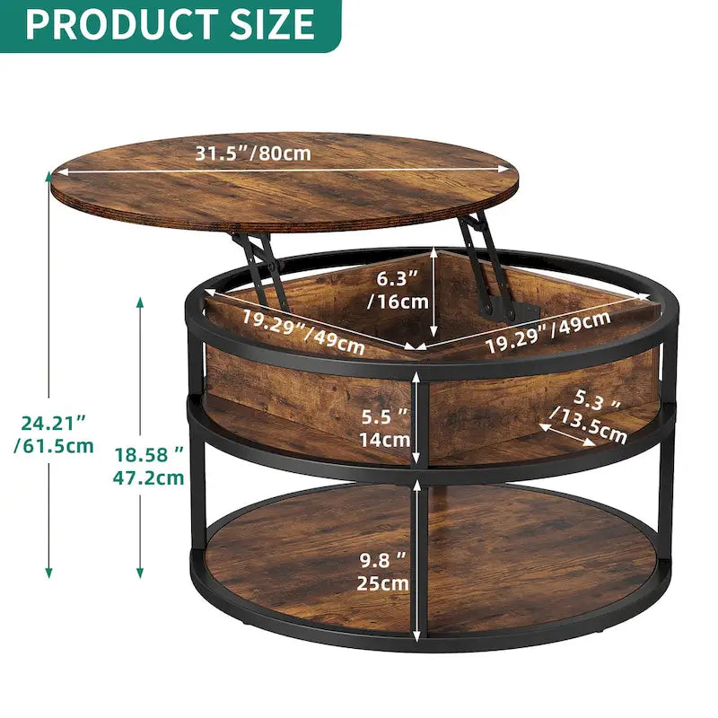 Moasis Round Lift Top Coffee Table with Hidden Storage and Shelf