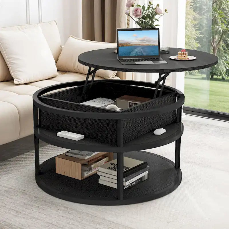 Moasis Round Lift Top Coffee Table with Hidden Storage and Shelf