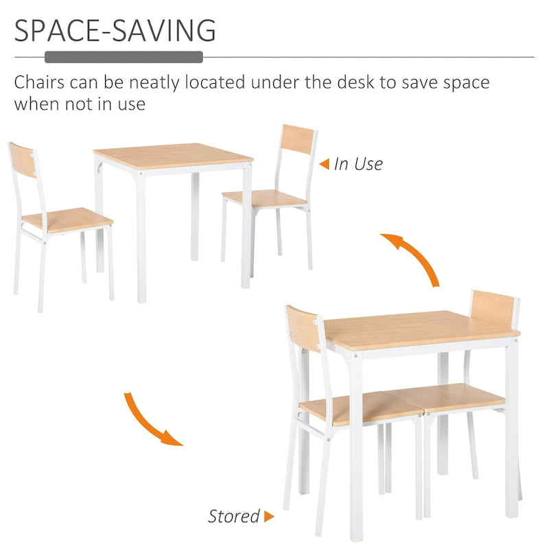 HOMCOM 3-Piece Wooden Square Dining Table Set with 1 Table and 2 Chairs and Sturdy Metal Frame, White