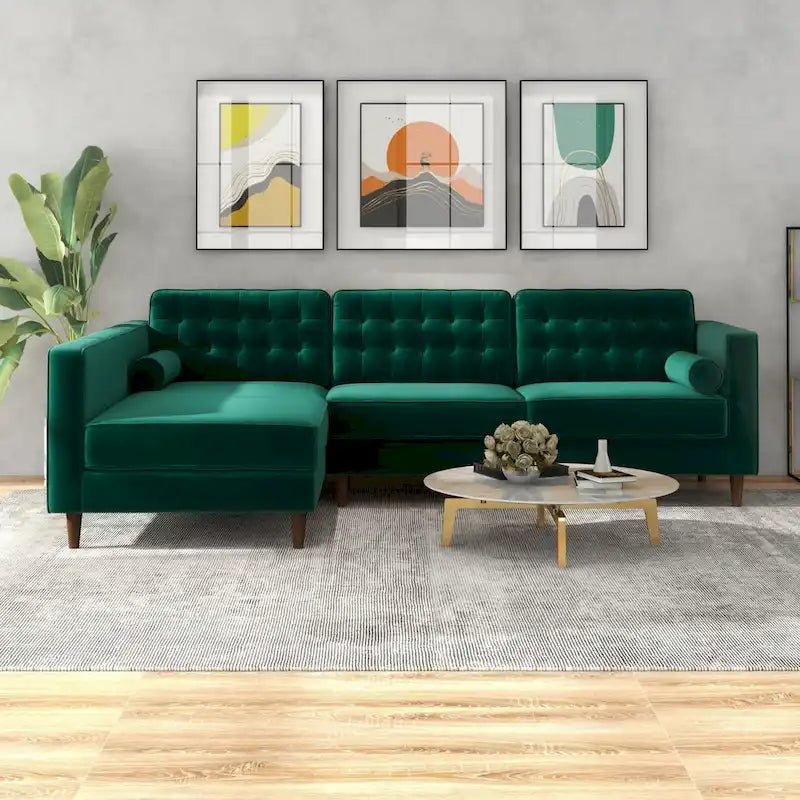 Ora Tufted Modern Living Room Velvet Corner Sectional Sofa in Green