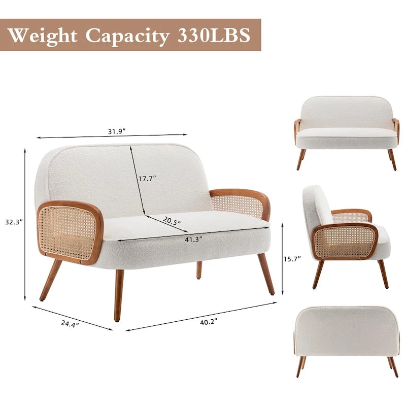 41 W Small Loveseat with Natural Rattan Arms,Upholstered Modern Mini Sofa Couch Love Seat Settee Bench with Back