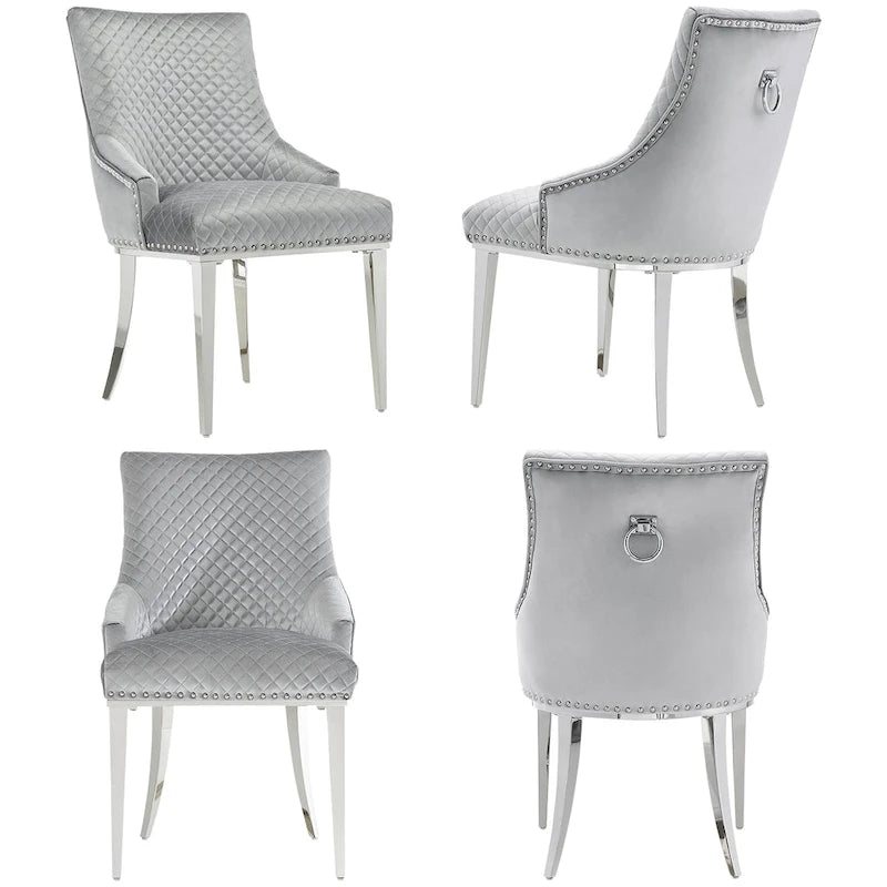 Modern Light Grey Velvet Dining Chairs with Mirrored Silver Legs