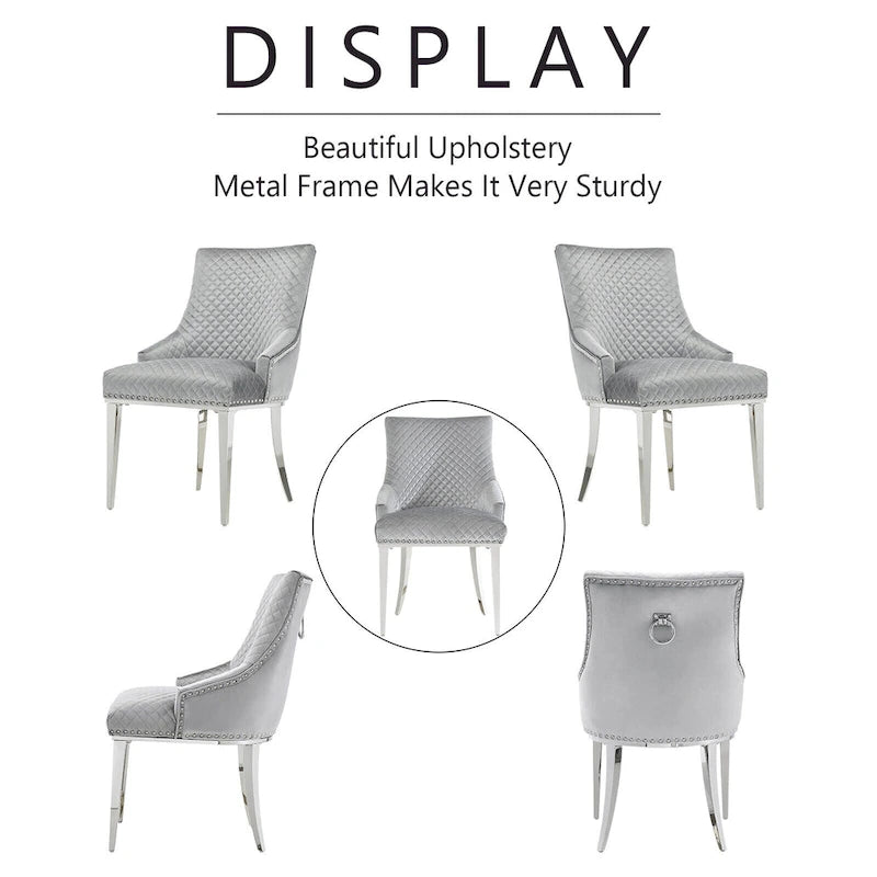 Modern Light Grey Velvet Dining Chairs with Mirrored Silver Legs