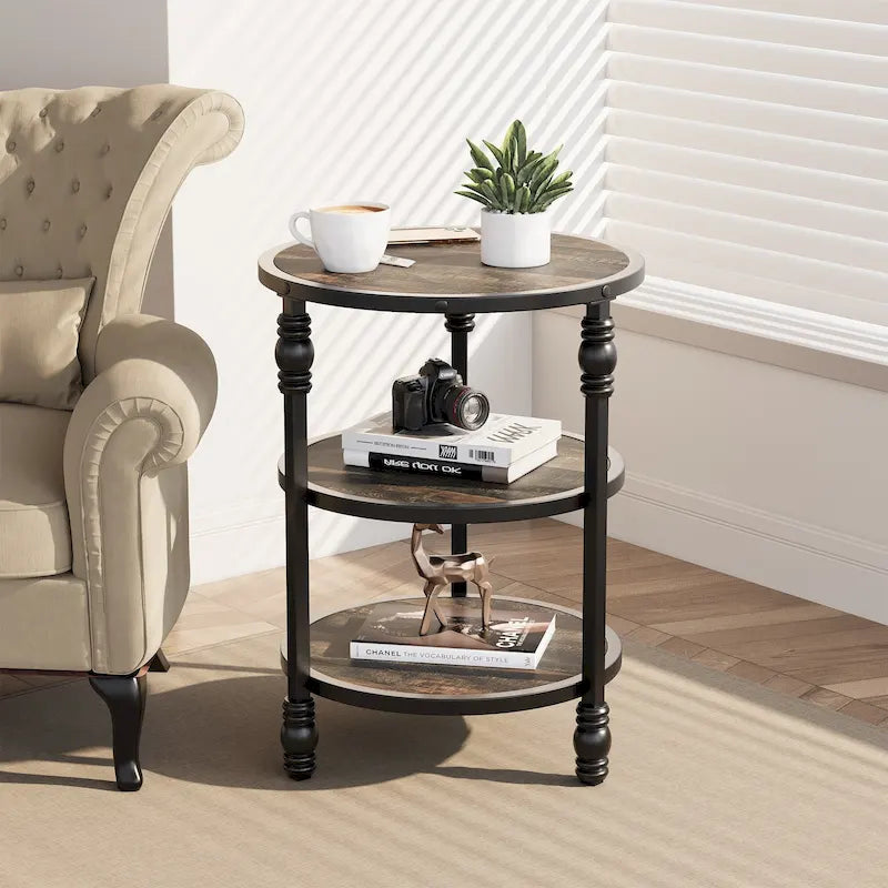 Round End Table with Storage Shelf and Metal Frame Industrial