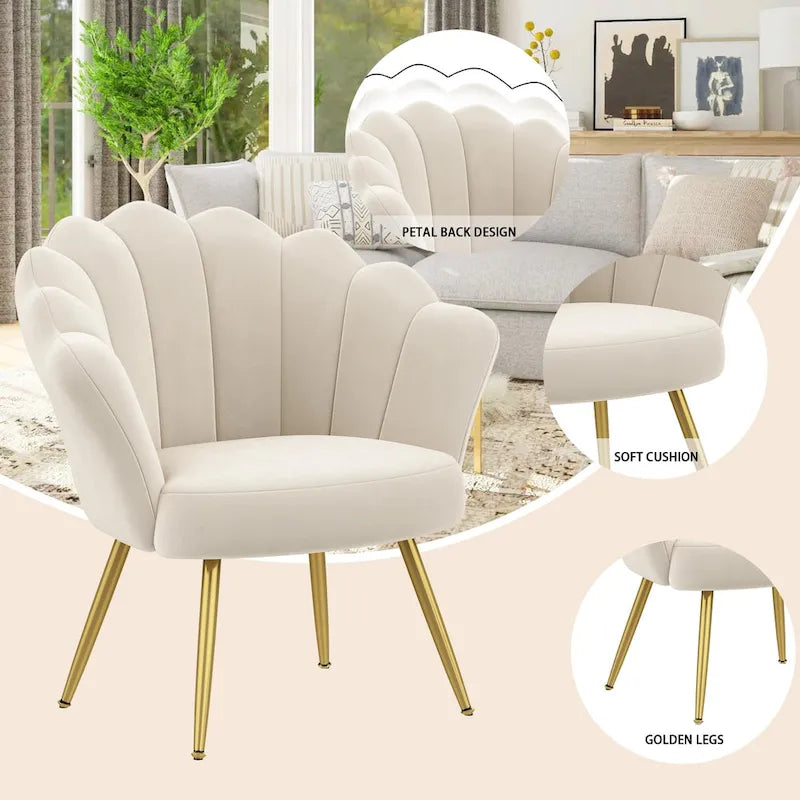 Andeworld accent chair for living room,Velvet Gold Cute Vanity Chair with Back for Makeup Room, Upholstered Shell Shaped Office