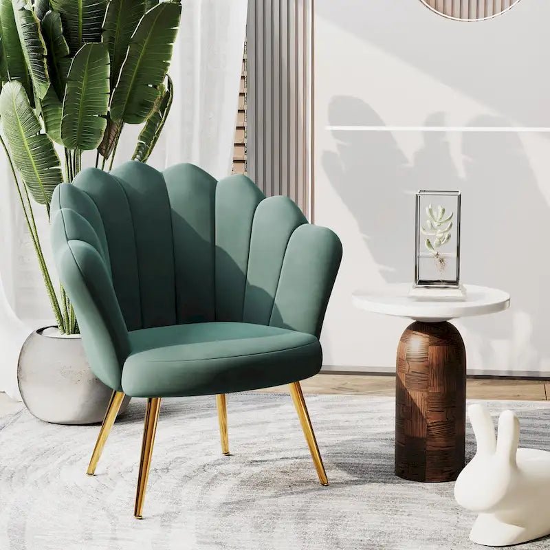 Andeworld accent chair for living room,Velvet Gold Cute Vanity Chair with Back for Makeup Room, Upholstered Shell Shaped Office