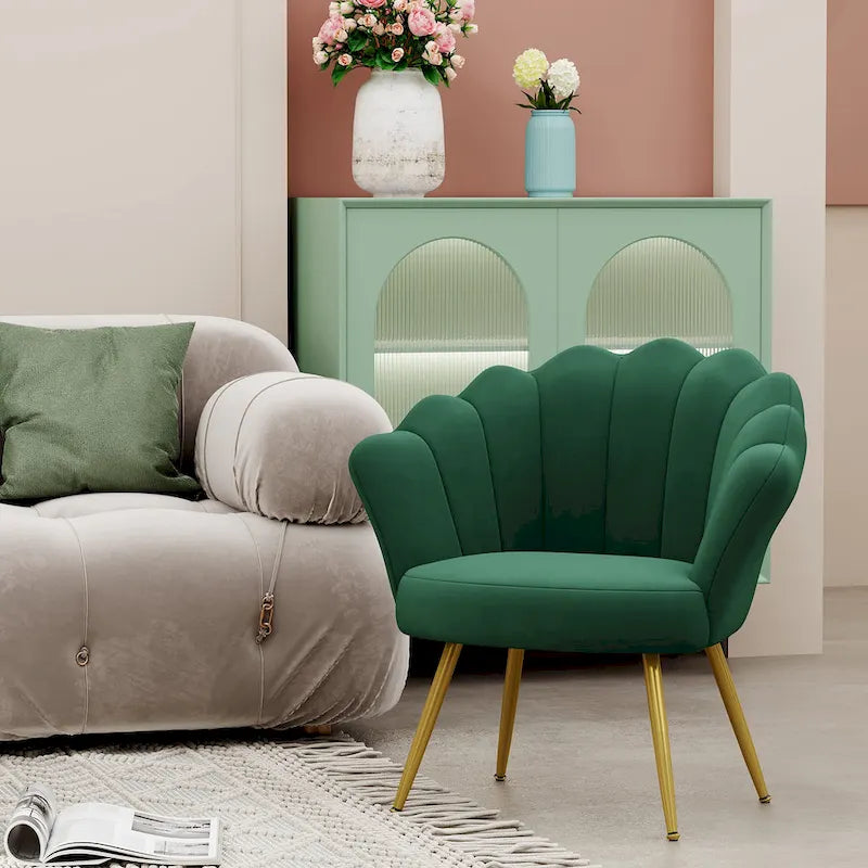 Andeworld accent chair for living room,Velvet Gold Cute Vanity Chair with Back for Makeup Room, Upholstered Shell Shaped Office