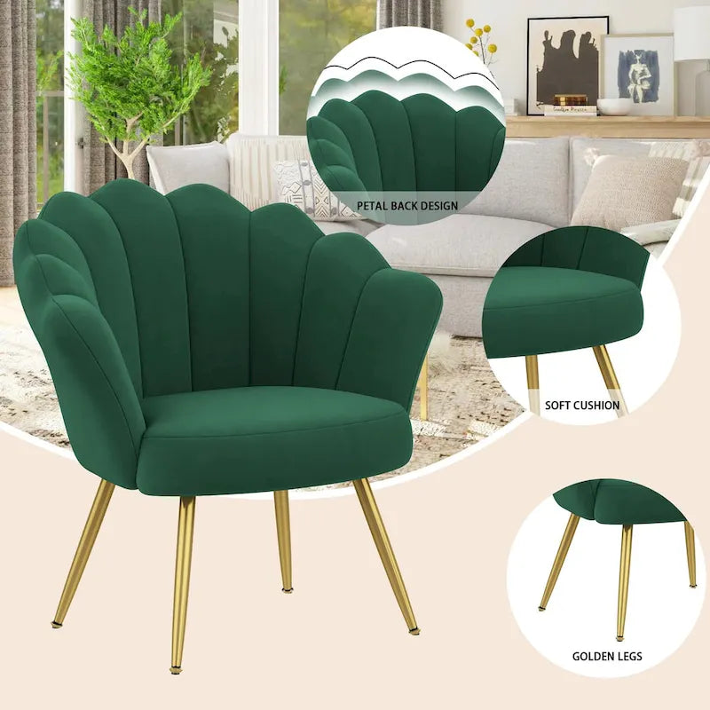 Andeworld accent chair for living room,Velvet Gold Cute Vanity Chair with Back for Makeup Room, Upholstered Shell Shaped Office