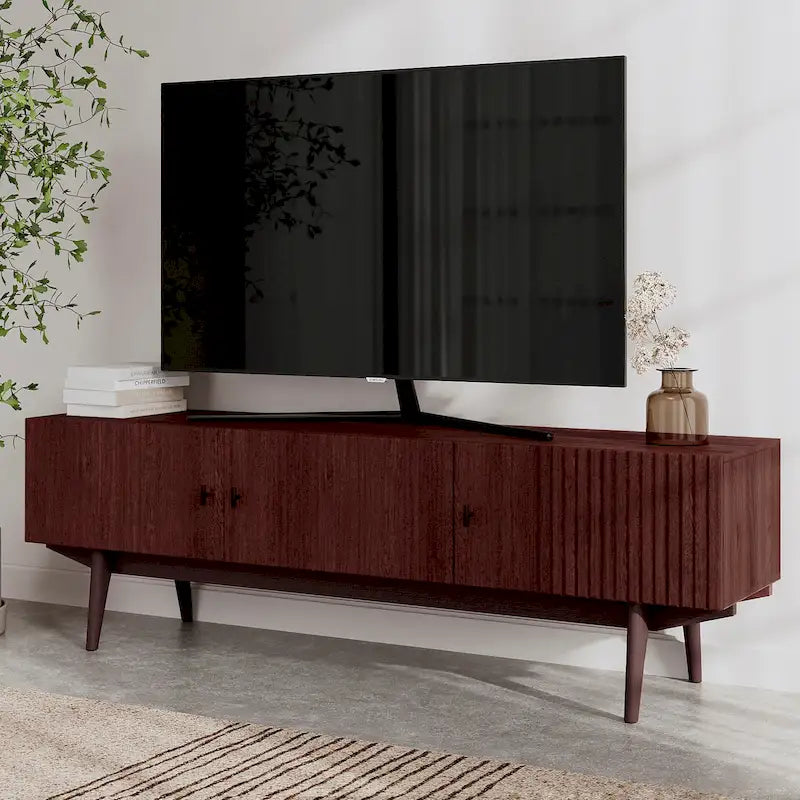 Living Skog Chelsea Brown TV Stand Fits for TV's up to 65 in. with Slatted Design and Wood Legs