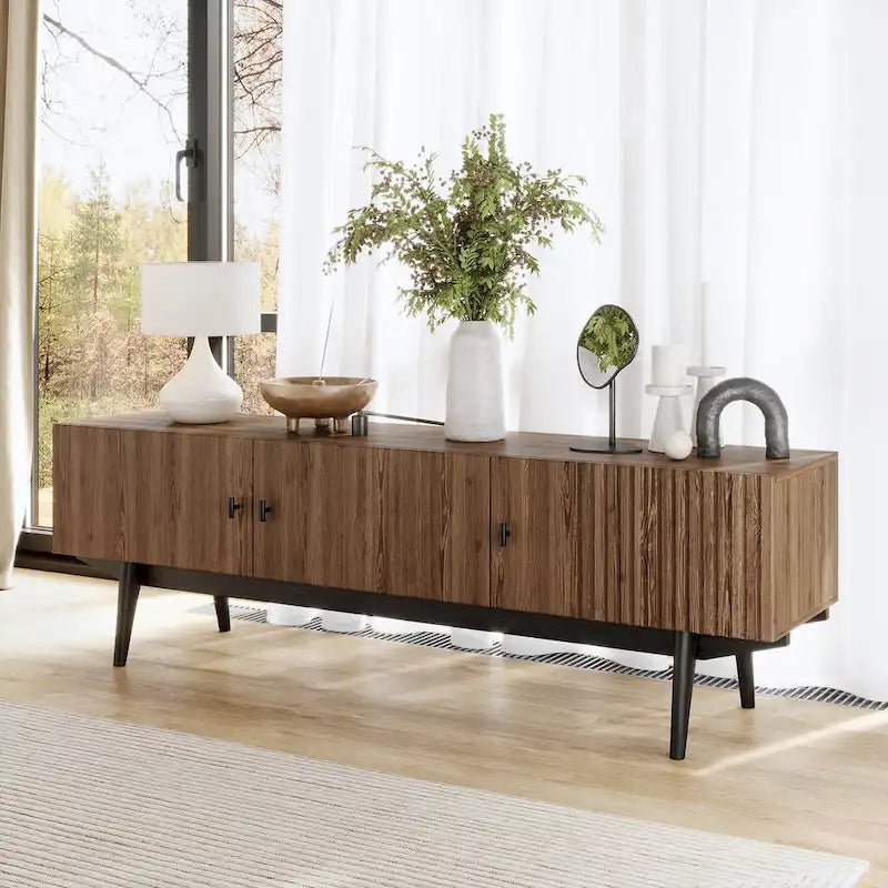 Living Skog Chelsea Brown TV Stand Fits for TV's up to 65 in. with Slatted Design and Wood Legs