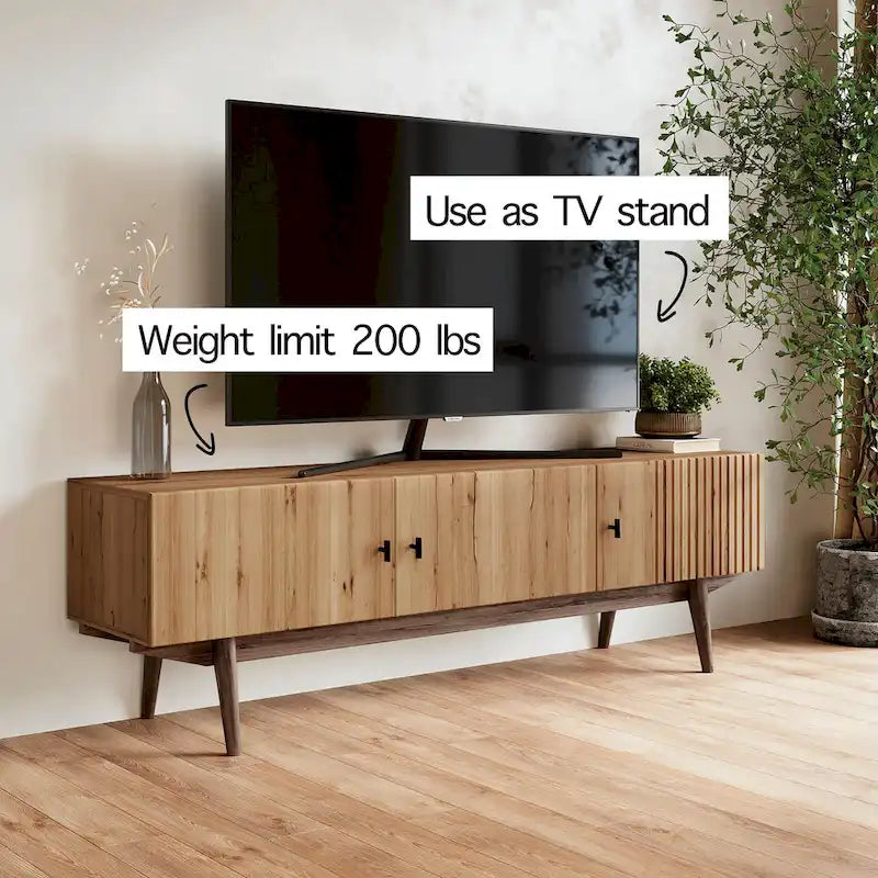 Living Skog Chelsea Brown TV Stand Fits for TV's up to 65 in. with Slatted Design and Wood Legs