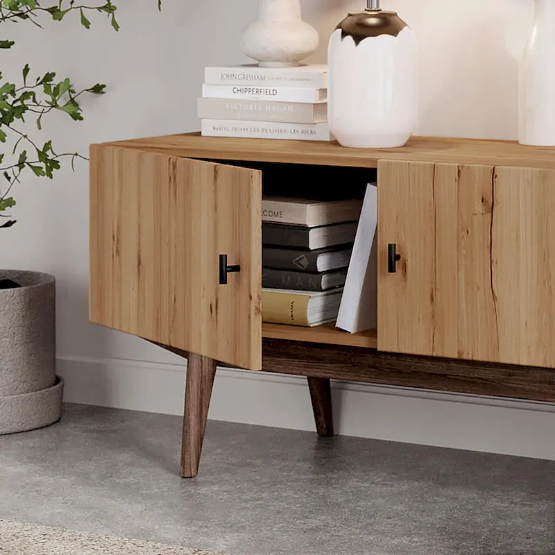 Living Skog Chelsea Brown TV Stand Fits for TV's up to 65 in. with Slatted Design and Wood Legs