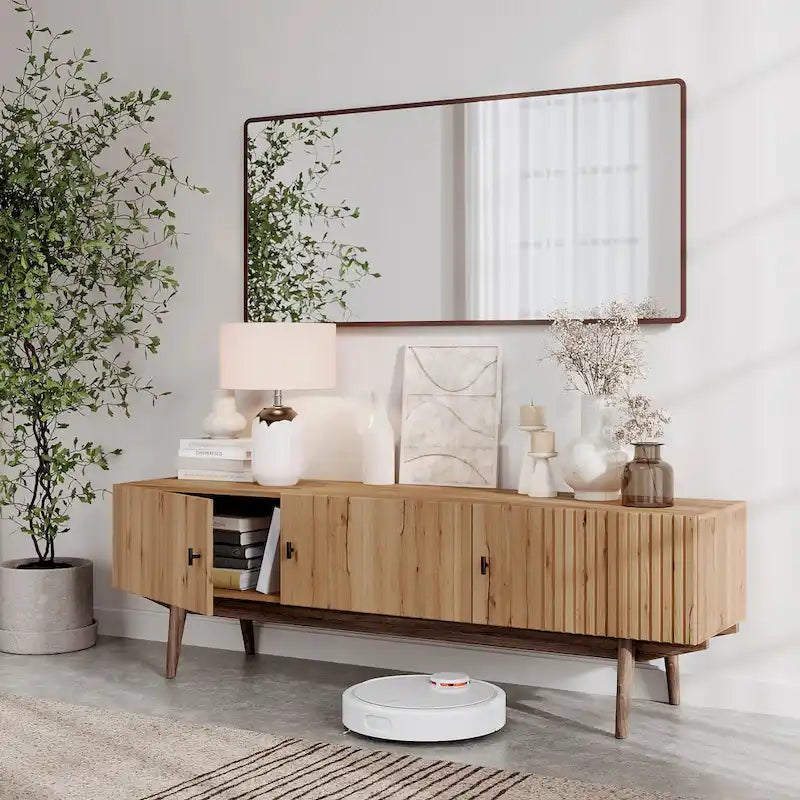 Living Skog Chelsea Brown TV Stand Fits for TV's up to 65 in. with Slatted Design and Wood Legs