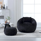 HOMEFUN Chenille Upholstered Round Lazy Cozy Bean Bag Chair with Ottoman and a Pillow