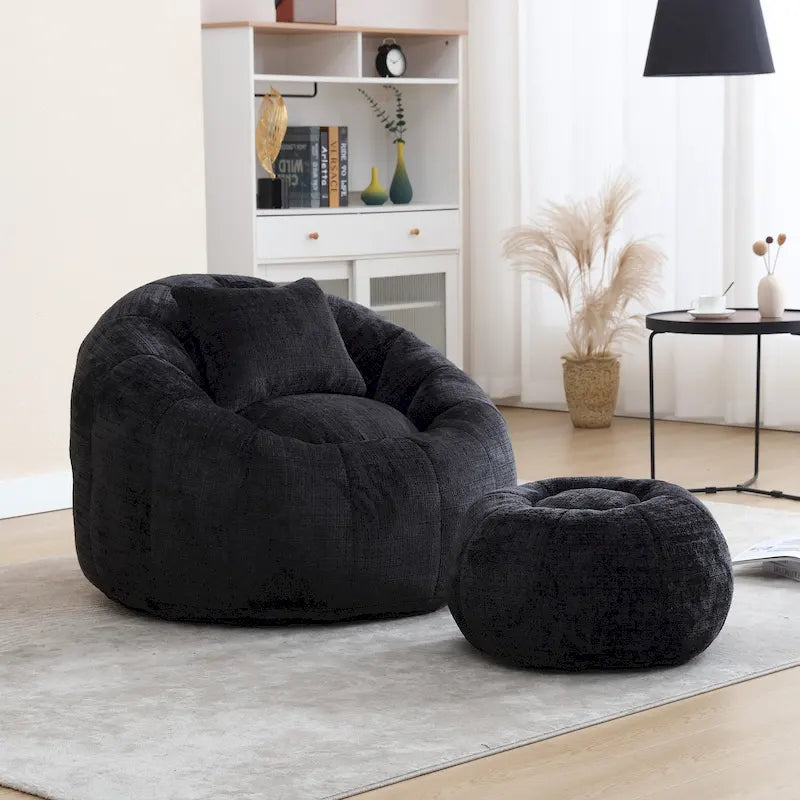 HOMEFUN Chenille Upholstered Round Lazy Cozy Bean Bag Chair with Ottoman and a Pillow