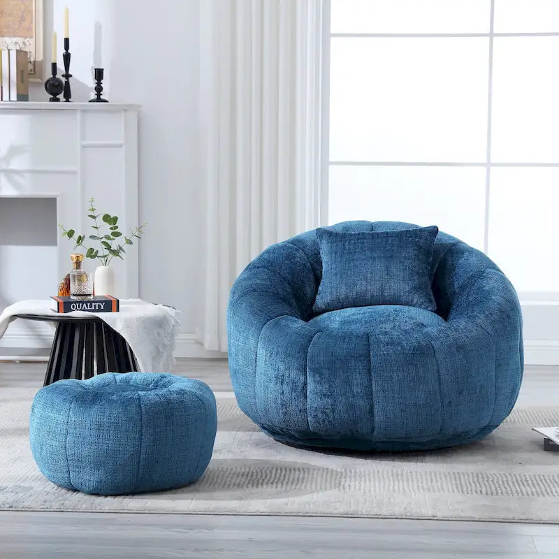 HOMEFUN Chenille Upholstered Round Lazy Cozy Bean Bag Chair with Ottoman and a Pillow