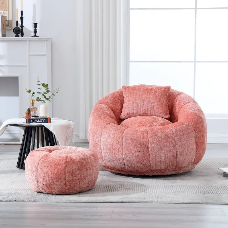 HOMEFUN Chenille Upholstered Round Lazy Cozy Bean Bag Chair with Ottoman and a Pillow